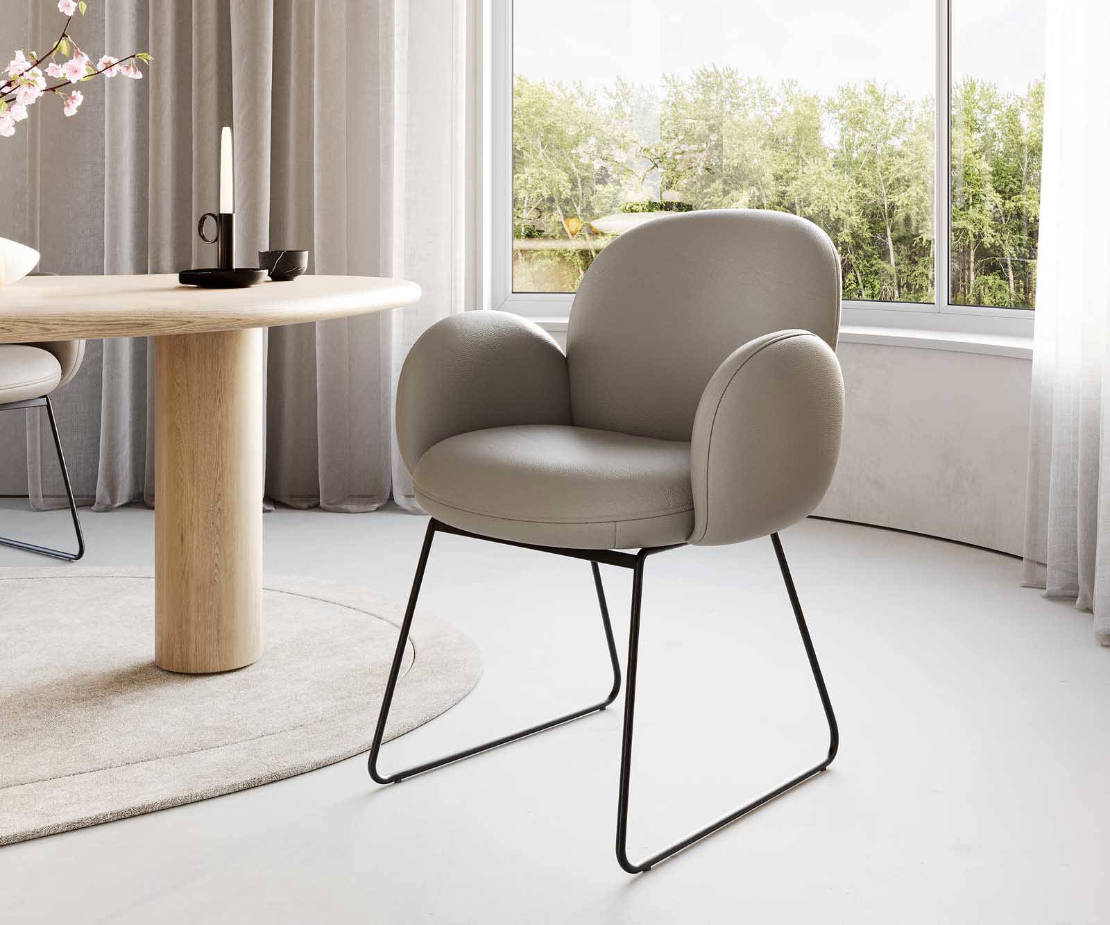 Étkezőszék Nube-Flex kényelmes karfás valódi bőr sötét bézs vékony fém lábazat fekete zsákrugós