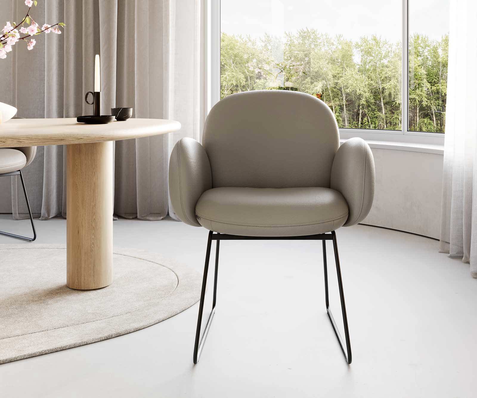 Étkezőszék Nube-Flex kényelmes karfás valódi bőr sötét bézs vékony fém lábazat fekete zsákrugós - Image 2