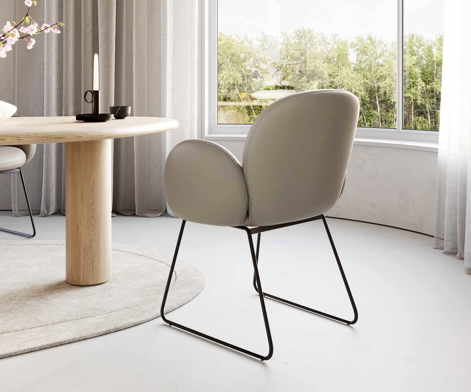 Étkezőszék Nube-Flex kényelmes karfás valódi bőr sötét bézs vékony fém lábazat fekete zsákrugós - Image 4