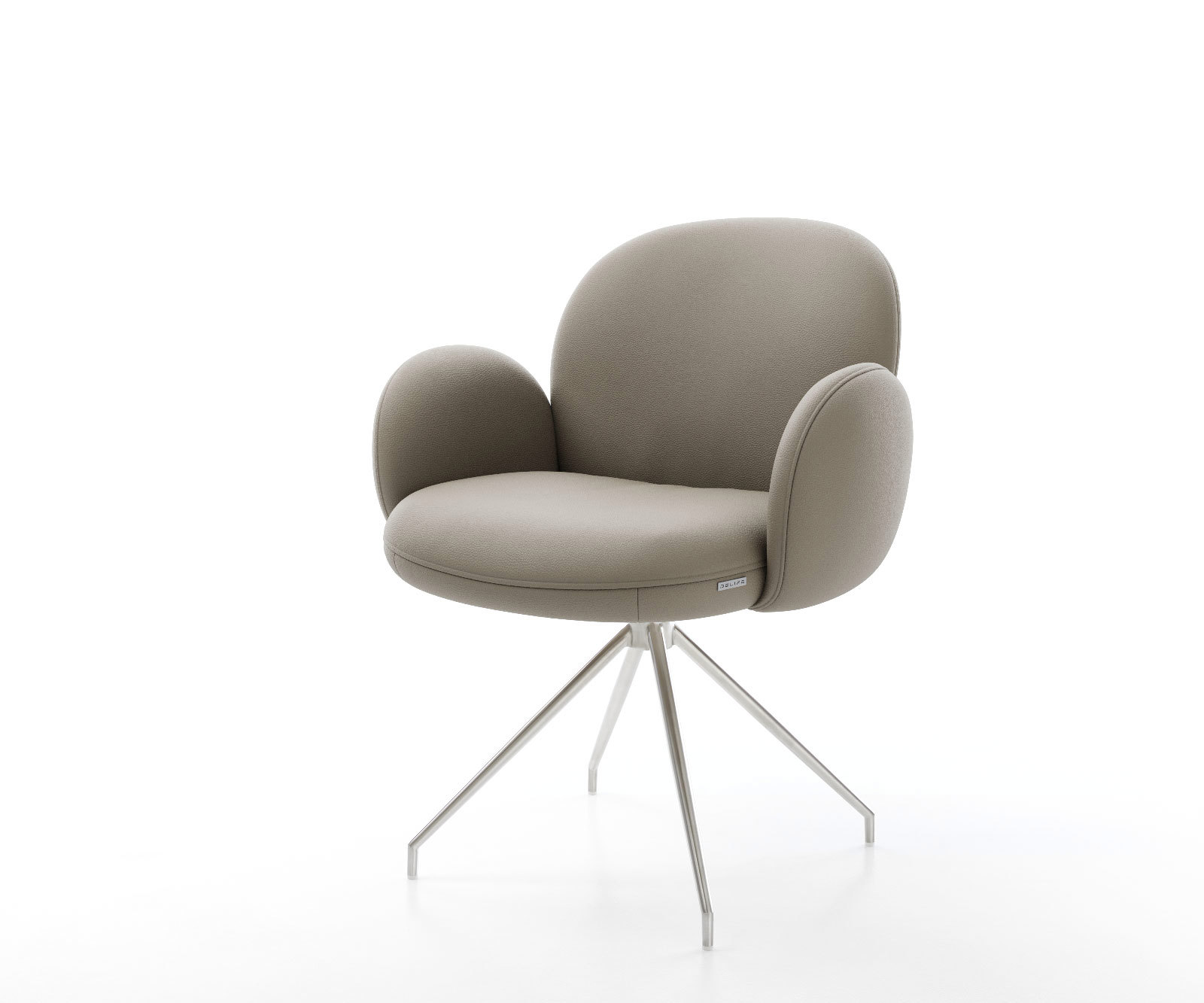 Étkezőszék Nube-Flex karfás valódi bőr sötét bézs kúpos rozsdamentes acél kereszt láb 180° forgatható zsákrugós