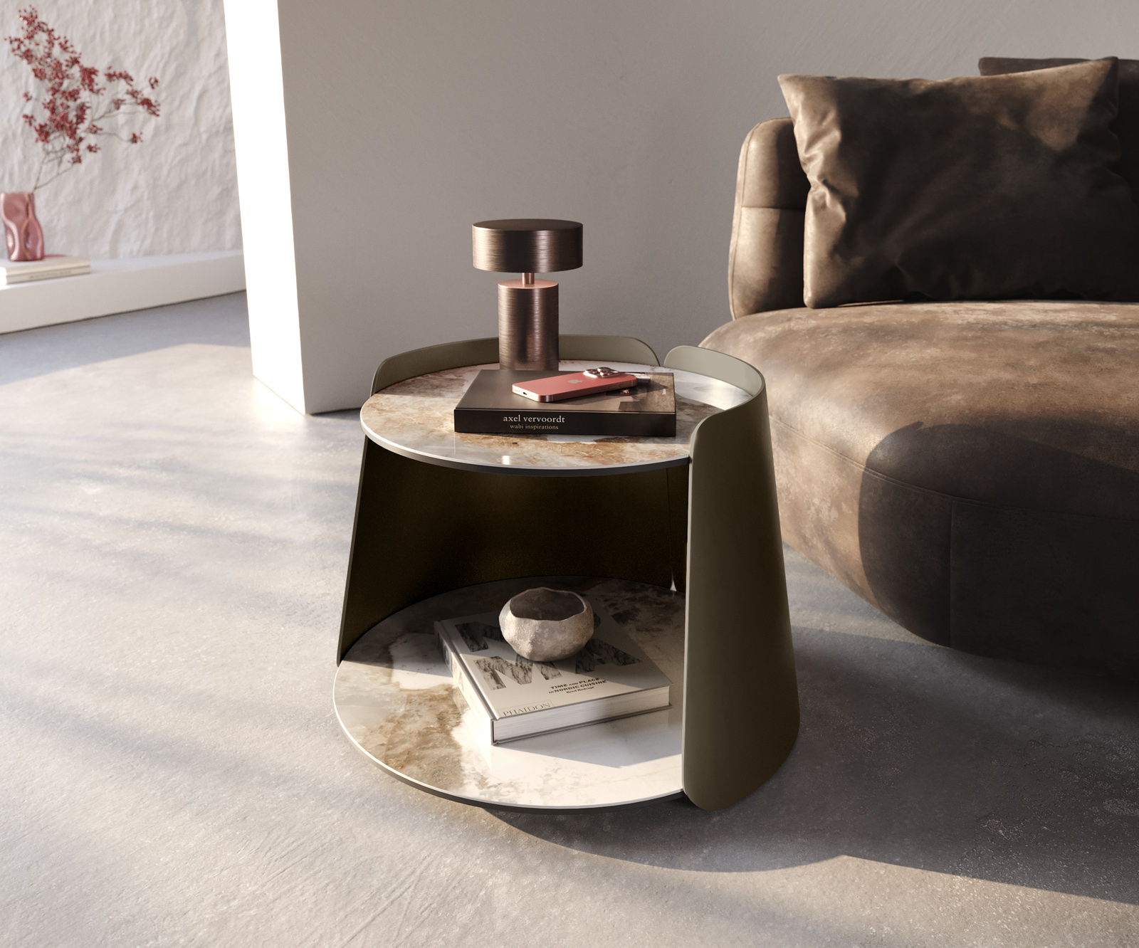 Dohányzóasztal Daban 59x59 cm kerámia Minas melange fehér-bézs fém láb titán színű