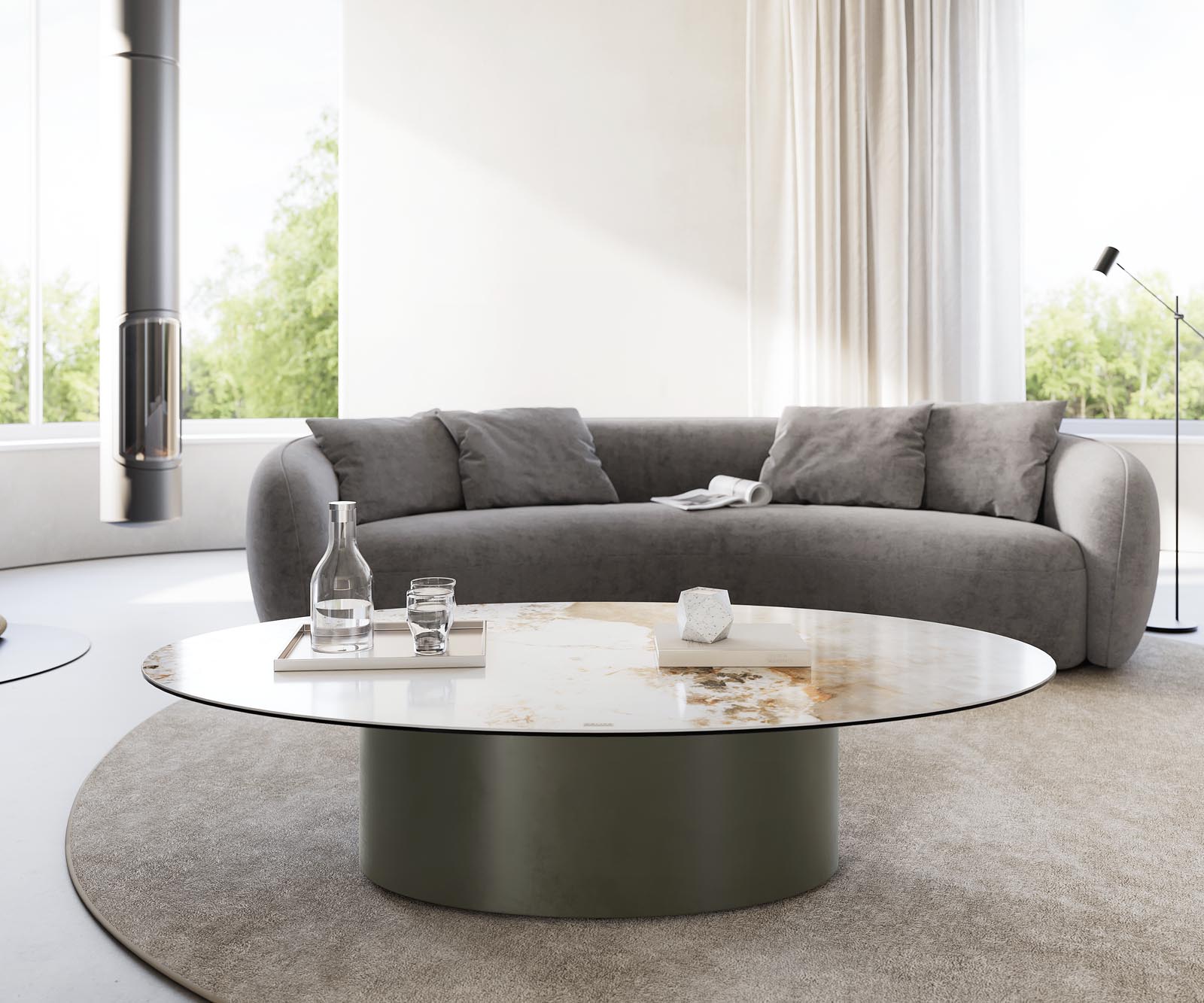 Dohányzóasztal Casilda 150x90 cm kerámia Minas melange fehér-bézs középső láb effekt felület titán - Image 8