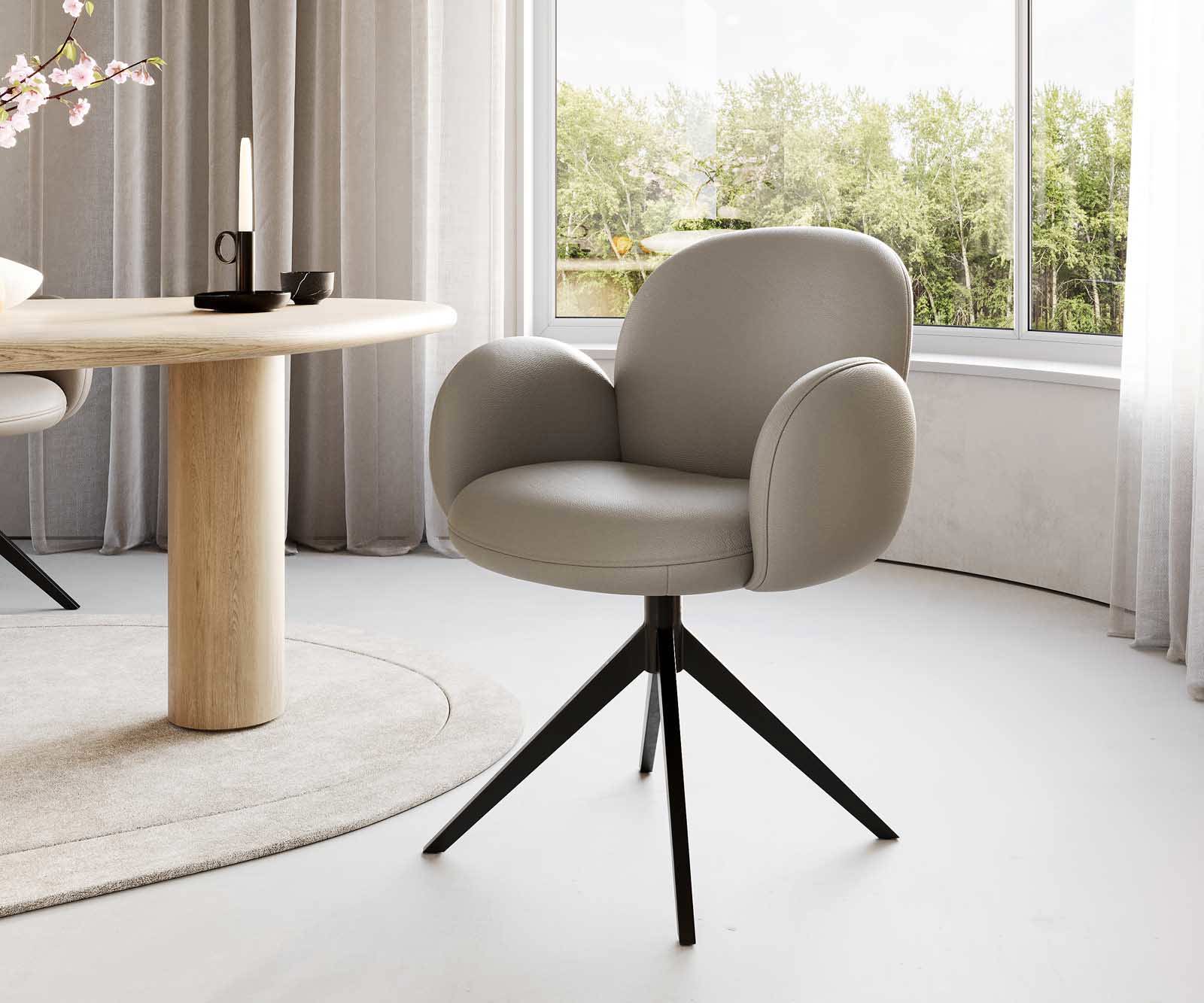 Étkezőszék Nube-Flex karfás valódi bőr sötét bézs kereszt láb széles fekete 360° forgatható zsákrugós