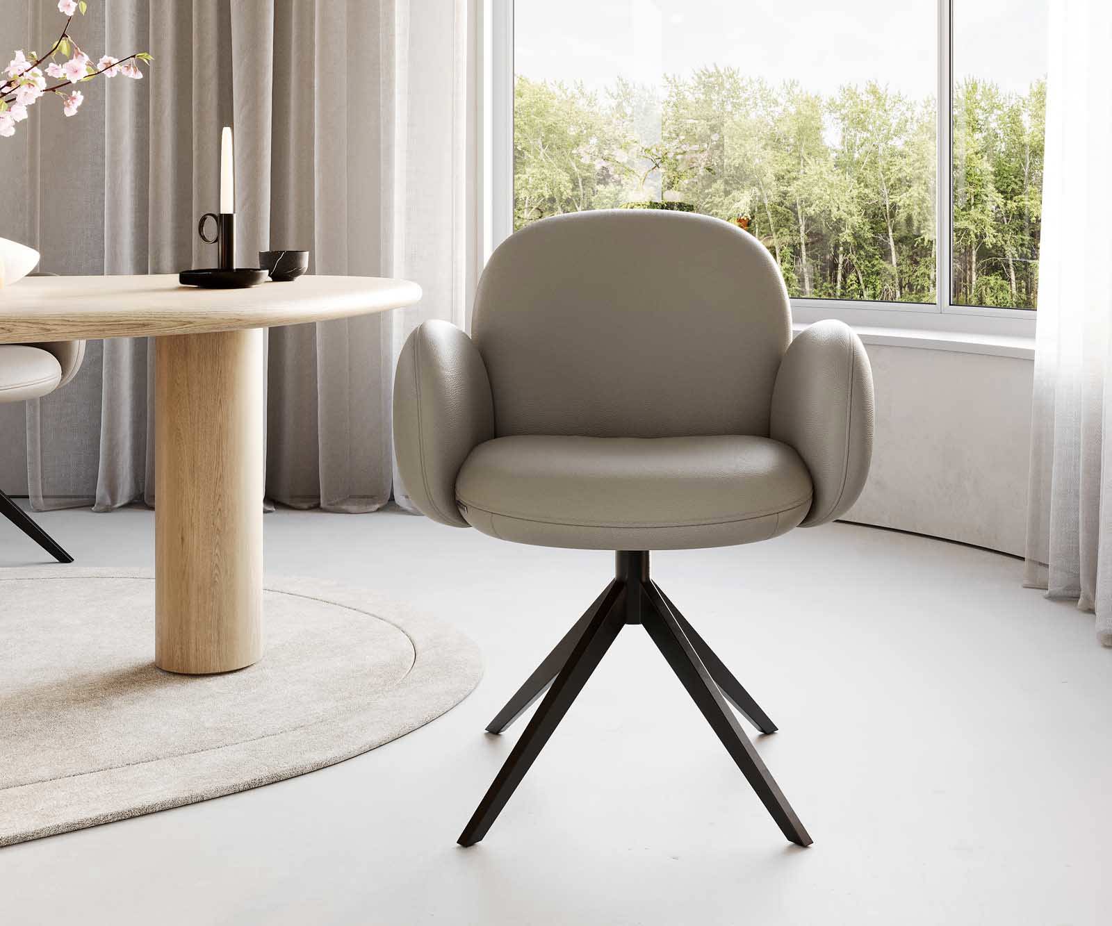 Étkezőszék Nube-Flex karfás valódi bőr sötét bézs kereszt láb széles fekete 360° forgatható zsákrugós - Image 2