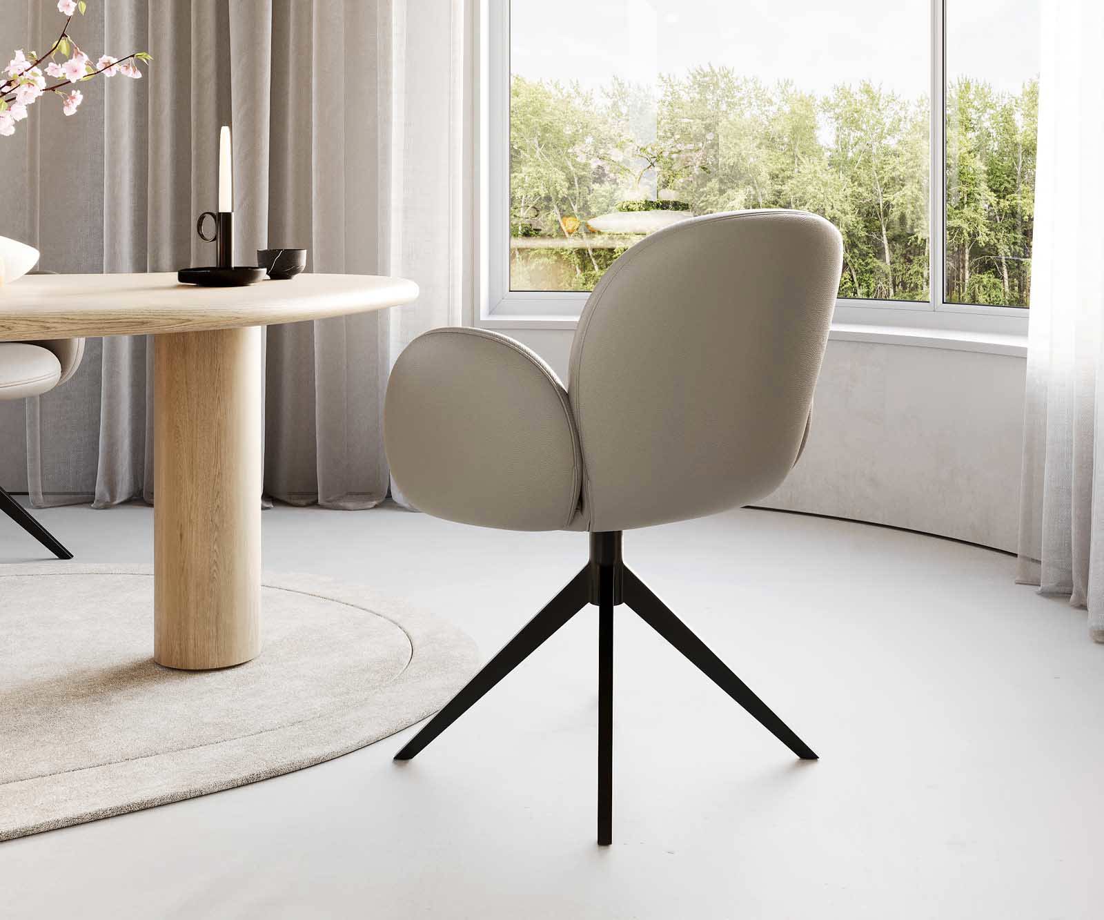 Étkezőszék Nube-Flex karfás valódi bőr sötét bézs kereszt láb széles fekete 360° forgatható zsákrugós - Image 4