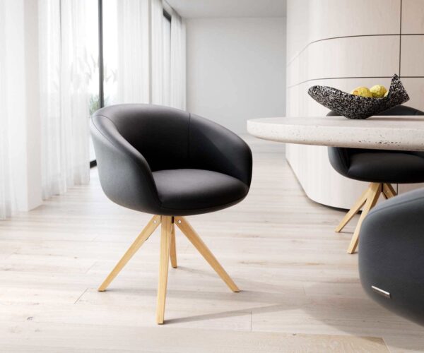 Étkezőszék Vinka-Flex kényelmes karfás valódi bőr fekete fa lábas szögletes természetes 180° forgatható zsákrugós