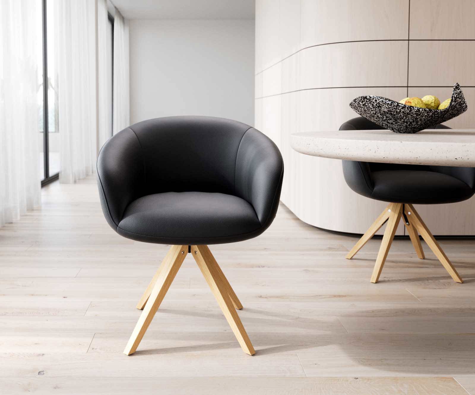 Étkezőszék Vinka-Flex kényelmes karfás valódi bőr fekete fa lábas szögletes természetes 180° forgatható zsákrugós - Image 2