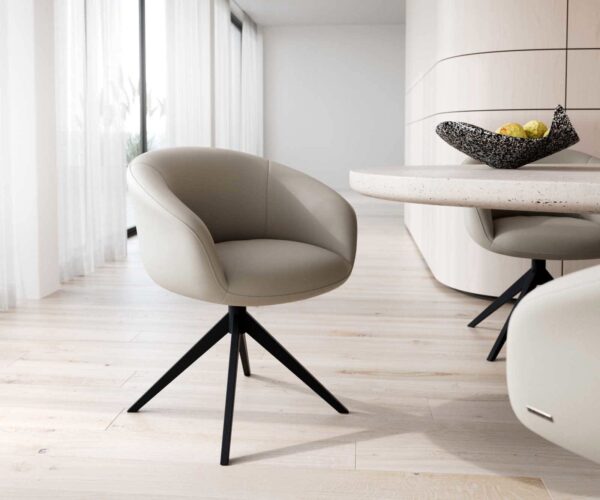 Étkezőszék Vinka-Flex karfás valódi bőr sötét bézs kereszt láb széles fekete 360° forgatható zsákrugós