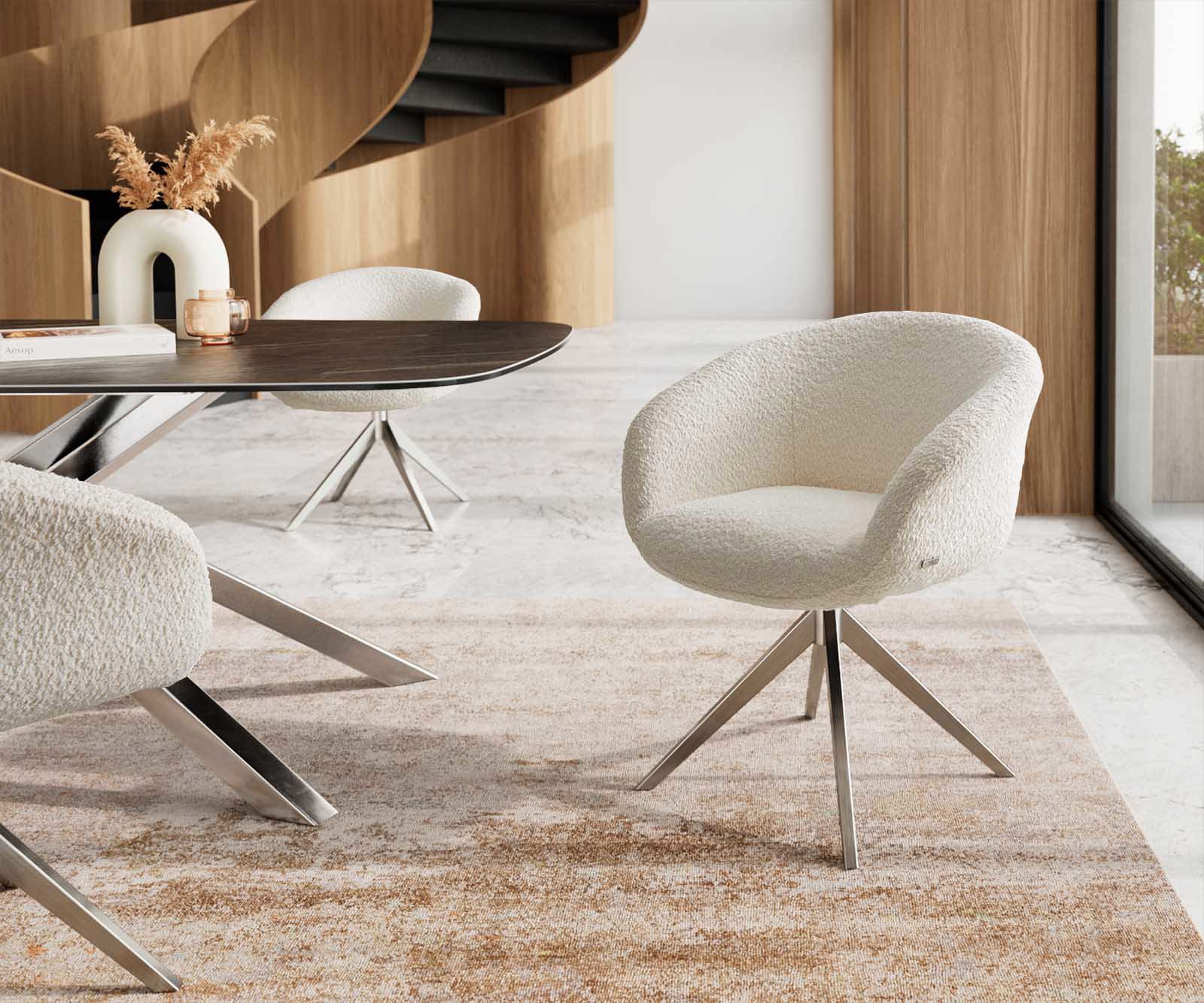 Étkezőszék Vinka-Flex karfás bouclé fehér kereszt láb széles rozsdamentes acél 360° forgatható zsákrugós