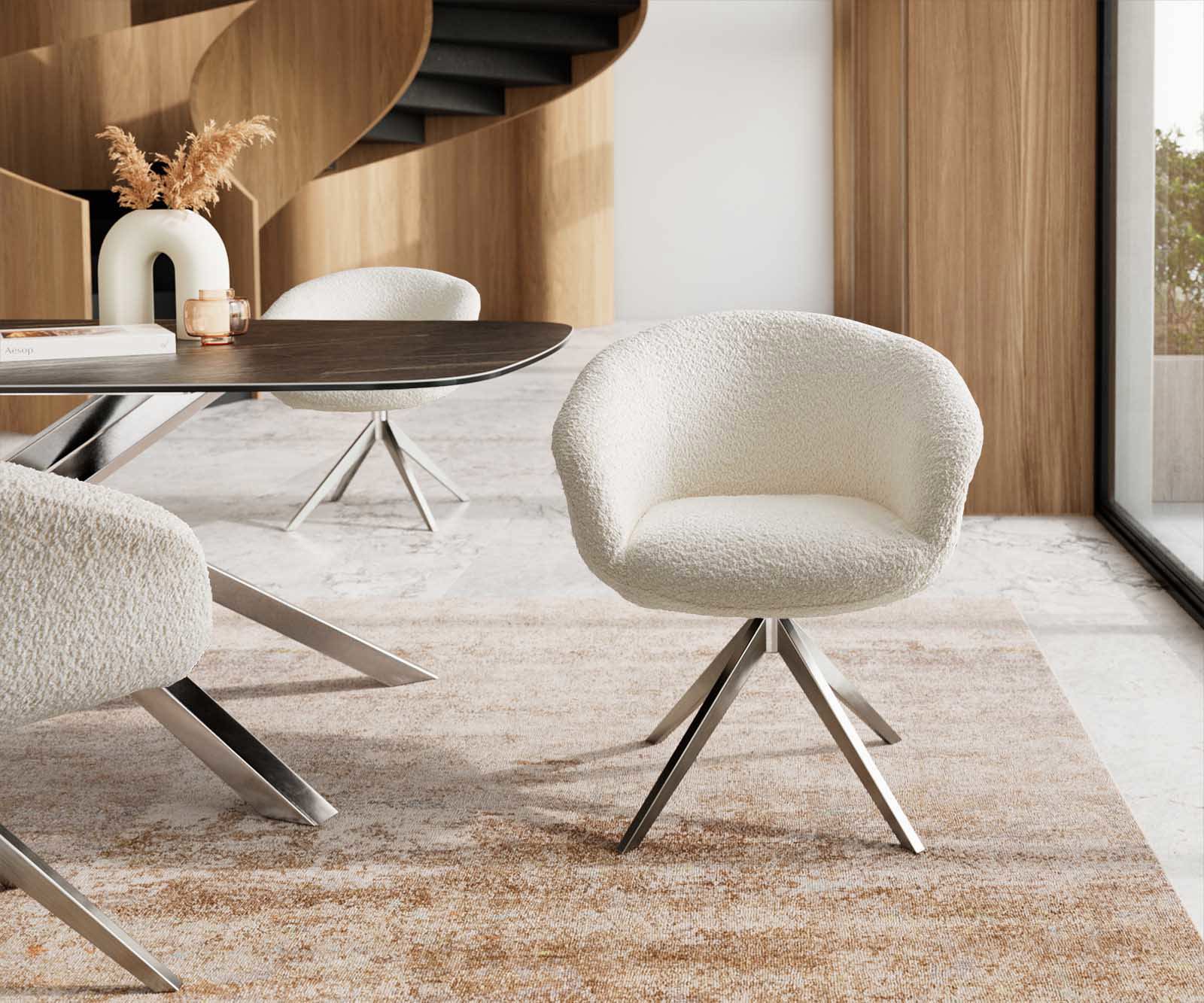 Étkezőszék Vinka-Flex karfás bouclé fehér kereszt láb széles rozsdamentes acél 360° forgatható zsákrugós - Image 2