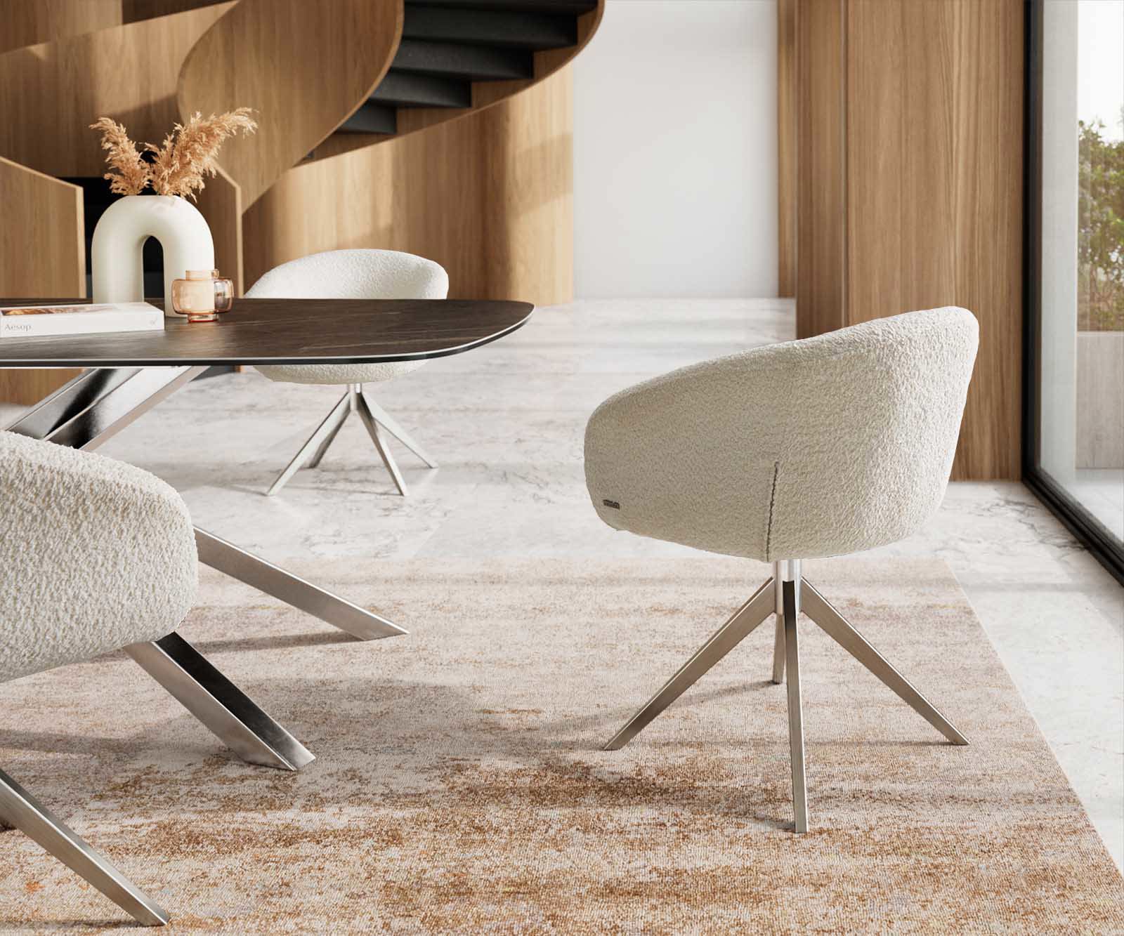 Étkezőszék Vinka-Flex karfás bouclé fehér kereszt láb széles rozsdamentes acél 360° forgatható zsákrugós - Image 5