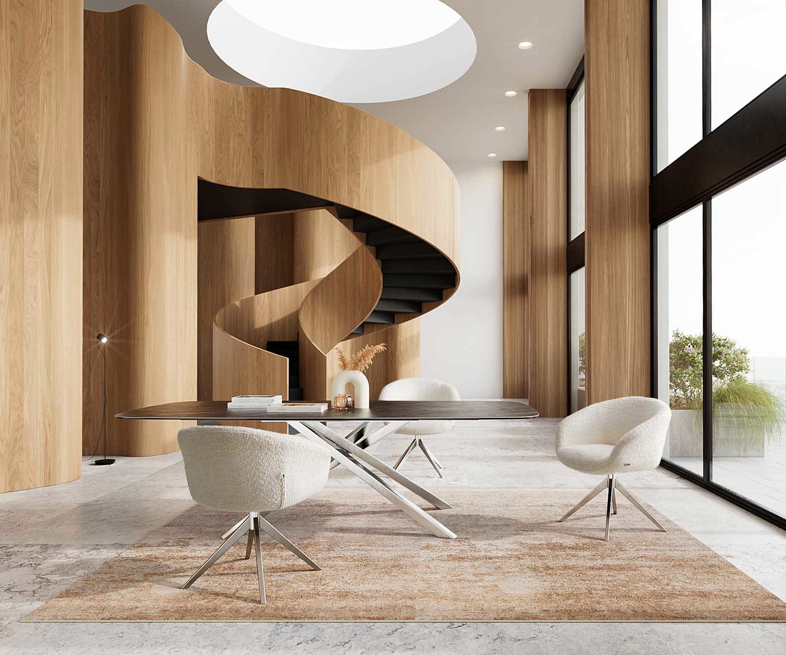 Étkezőszék Vinka-Flex karfás bouclé fehér kereszt láb széles rozsdamentes acél 360° forgatható zsákrugós - Image 6