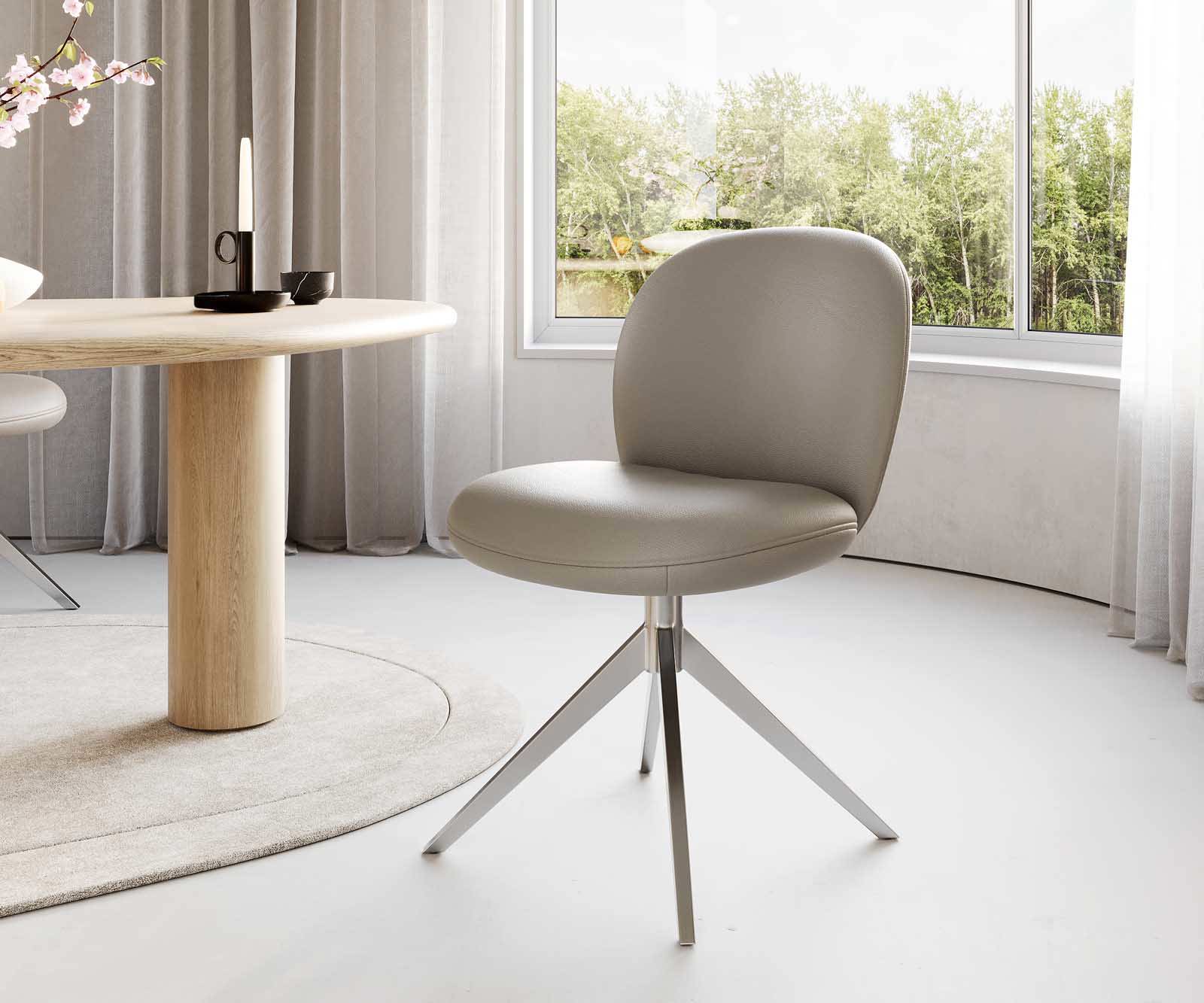 Étkezőszék Nube-Flex valódi bőr sötét bézs kereszt láb széles rozsdamentes acél 360° forgatható zsákrugós