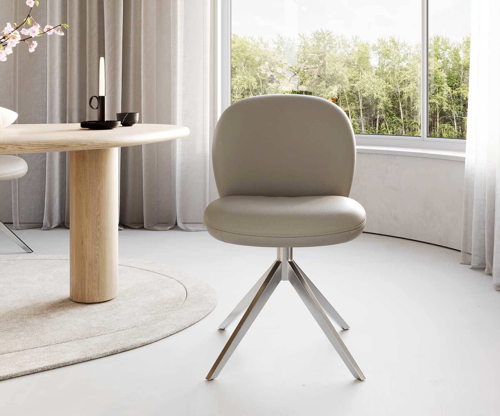 Étkezőszék Nube-Flex valódi bőr sötét bézs kereszt láb széles rozsdamentes acél 360° forgatható zsákrugós - Image 2