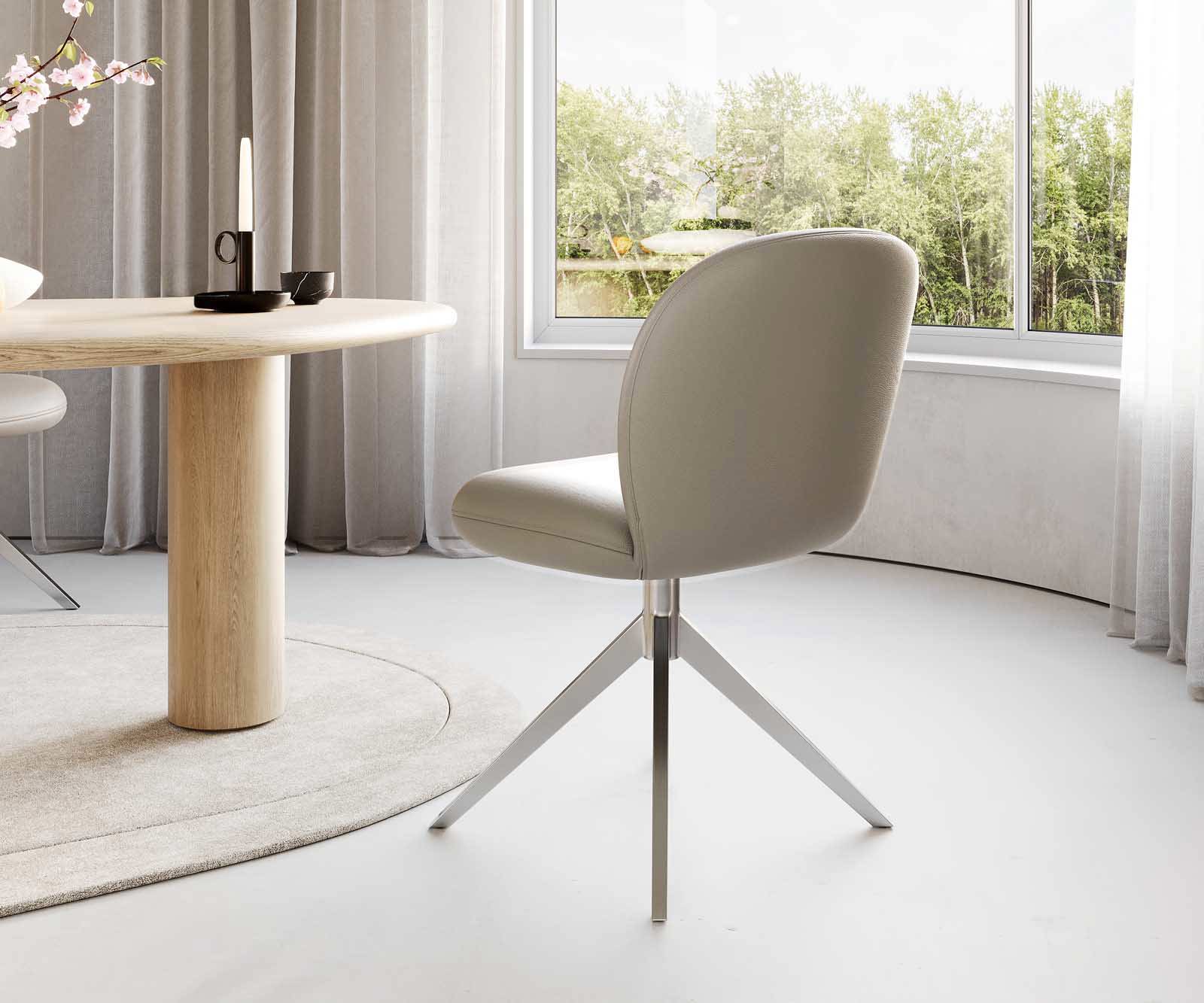 Étkezőszék Nube-Flex valódi bőr sötét bézs kereszt láb széles rozsdamentes acél 360° forgatható zsákrugós - Image 4