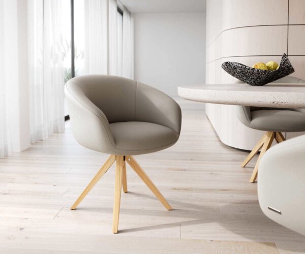 Étkezőszék Vinka-Flex kényelmes karfás valódi bőr sötét bézs fa láb szögletes természetes 180° forgatható zsákrugós