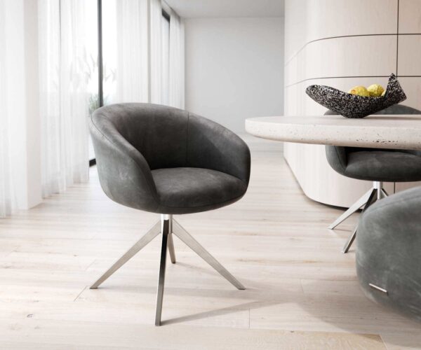 Étkezőszék Vinka-Flex karfás mikroszálas antracit vintage kereszt láb széles rozsdamentes acél 360° forgatható zsákrugós