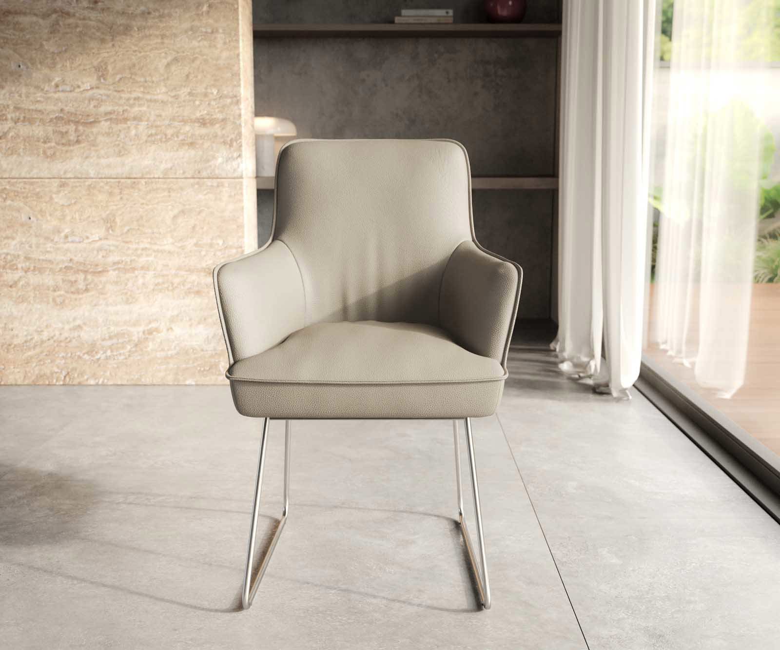 Étkezőszék Heira-Flex karfás valódi bőr sötét bézs vékony lábazat rozsdamentes acél zsákrugós - Image 2