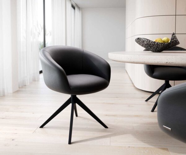 Étkezőszék Vinka-Flex karfás valódi bőr fekete széles kereszt láb fekete 360° forgatható zsákrugós