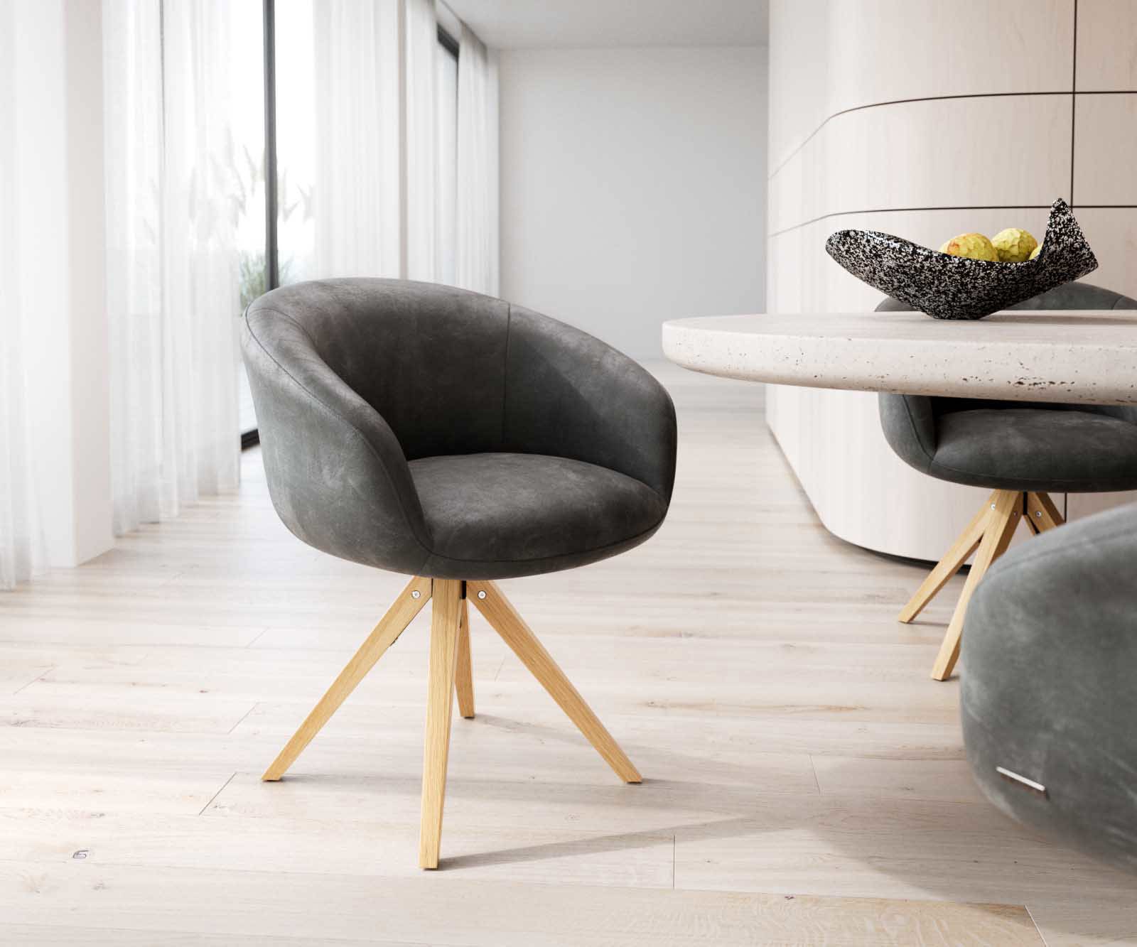 Étkezőszék Vinka-Flex karfás mikroszálas antracit vintage fa láb szögletes természetes 180° forgatható zsákrugós