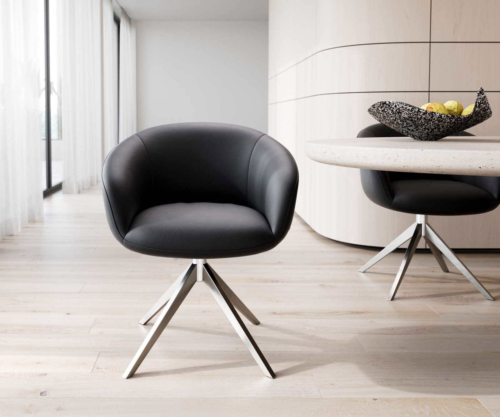 Étkezőszék Vinka-Flex kényelmes karfával valódi fekete bőr kereszt lábbal széles rozsdamentes acél 360° forgatható zsákrugós matraccal - Image 2