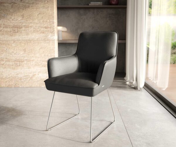 Étkezőszék Heira-Flex karfás valódi bőr fekete vékony lábazat rozsdamentes acél zsákrugós