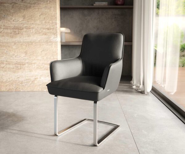 Étkezőszék Heira-Flex karfás valódi bőr fekete étkezőszék lapos rozsdamentes acél zsákrugós