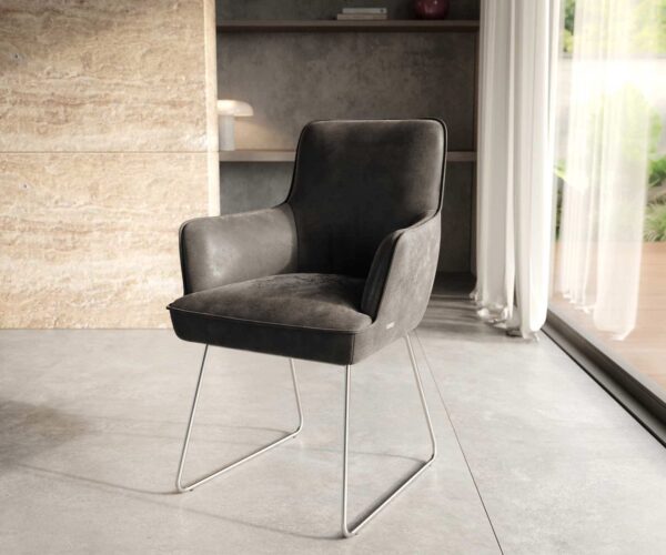 Étkezőszék Heira-Flex karfás mikroszálas antracit vintage vékony lábazat rozsdamentes acél zsákrugós