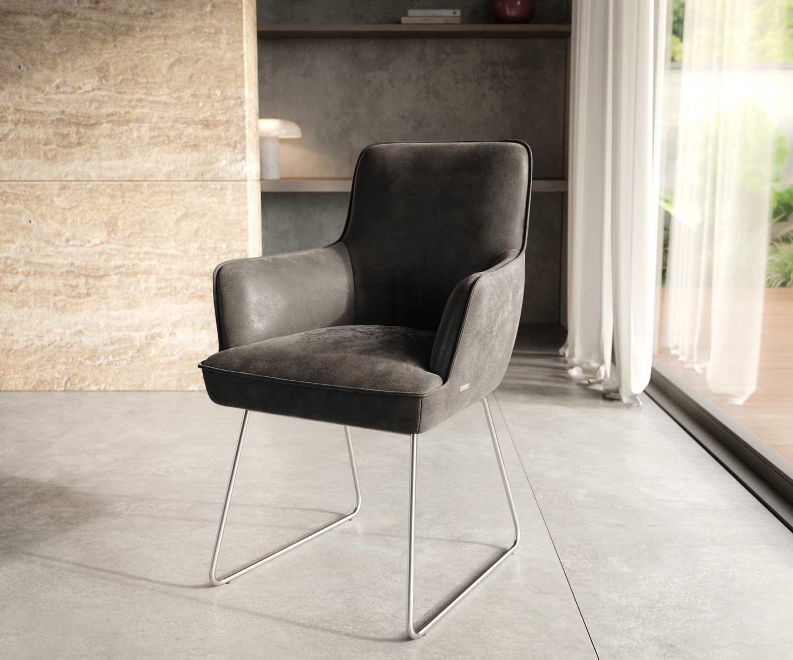 Étkezőszék Heira-Flex karfás mikroszálas antracit vintage vékony lábazat rozsdamentes acél zsákrugós