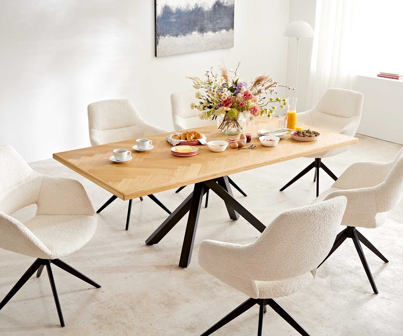 Étkezőszék Yago-Flex XL karfás bouclé fehér kereszt láb széles fekete 360° forgatható - Image 4