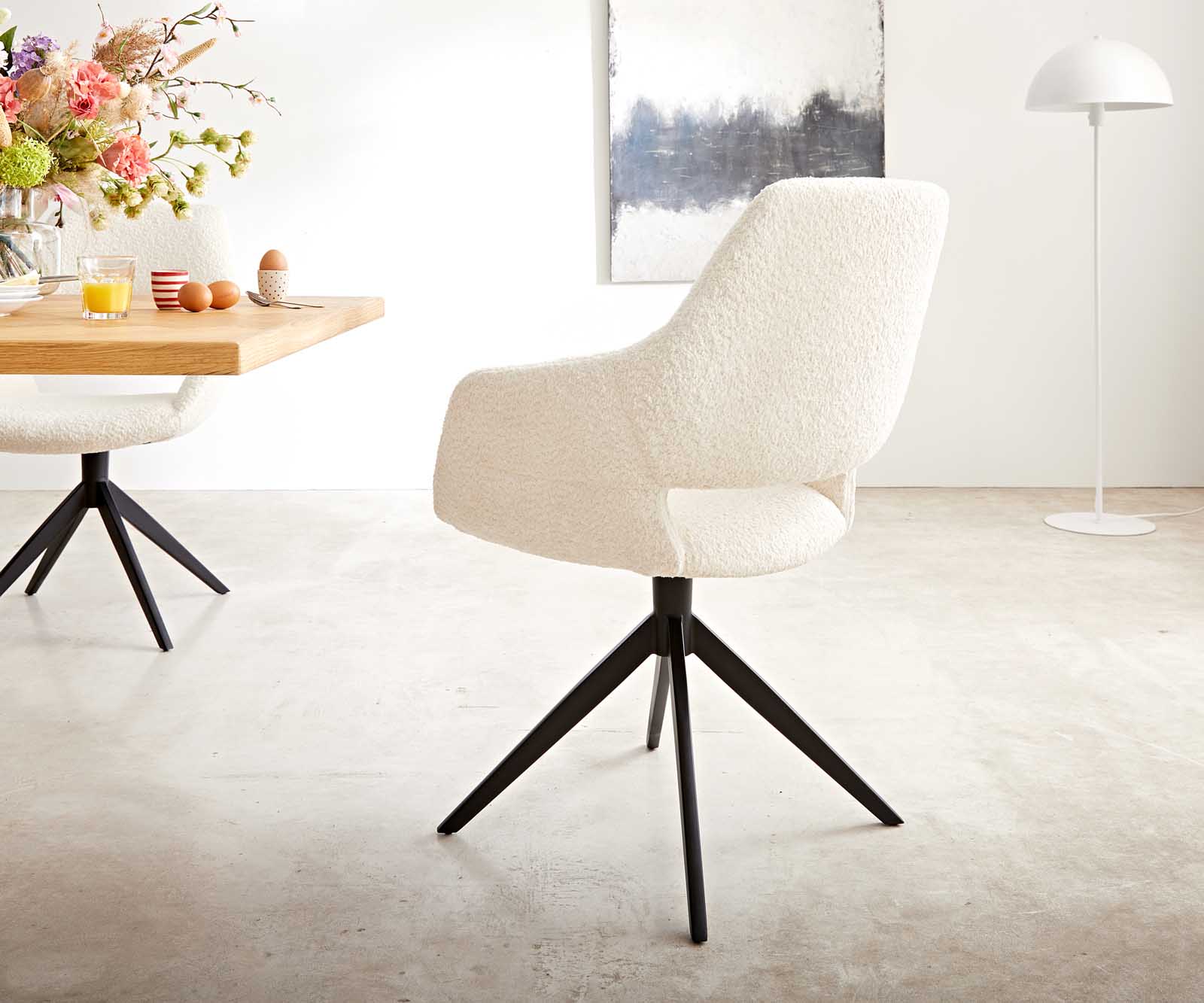 Étkezőszék Yago-Flex XL karfás bouclé fehér kereszt láb széles fekete 360° forgatható - Image 5