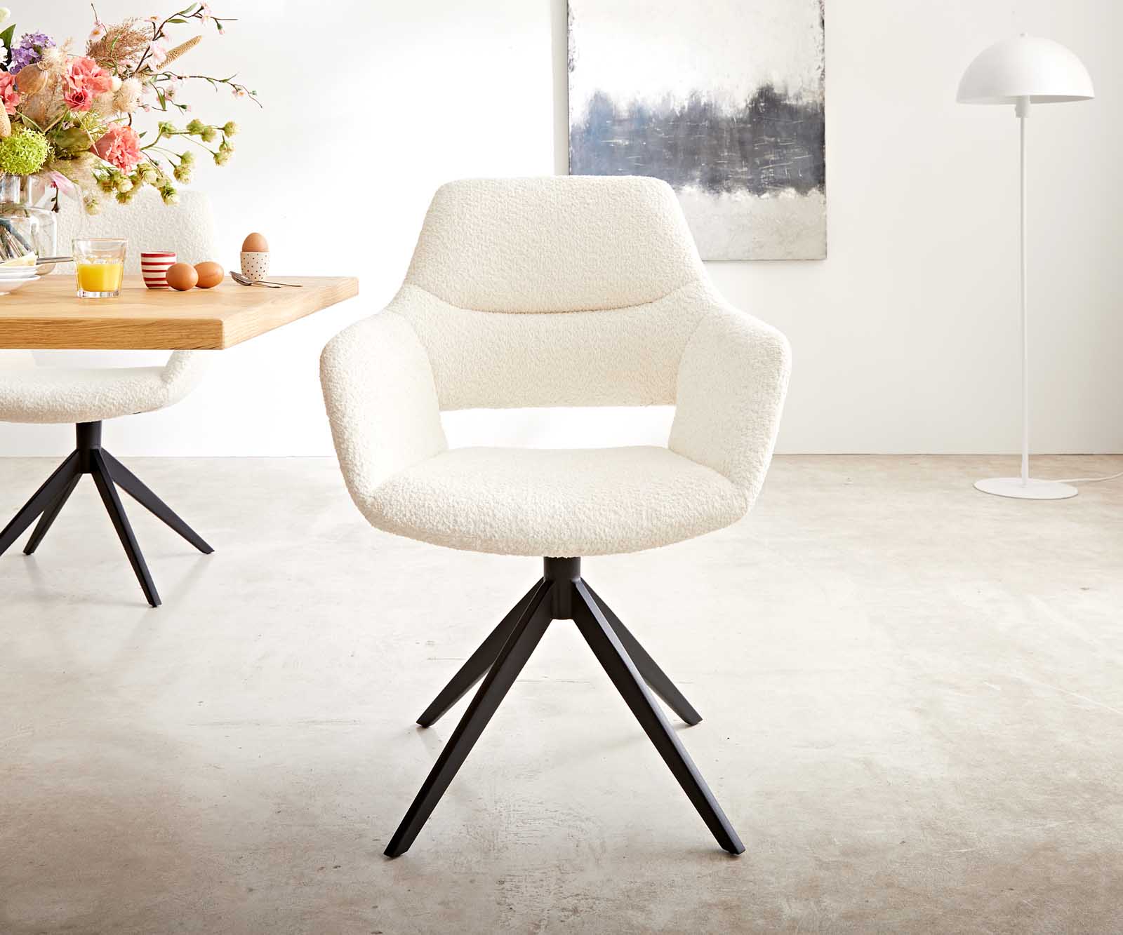 Étkezőszék Yago-Flex XL karfás bouclé fehér kereszt láb széles fekete 360° forgatható - Image 2