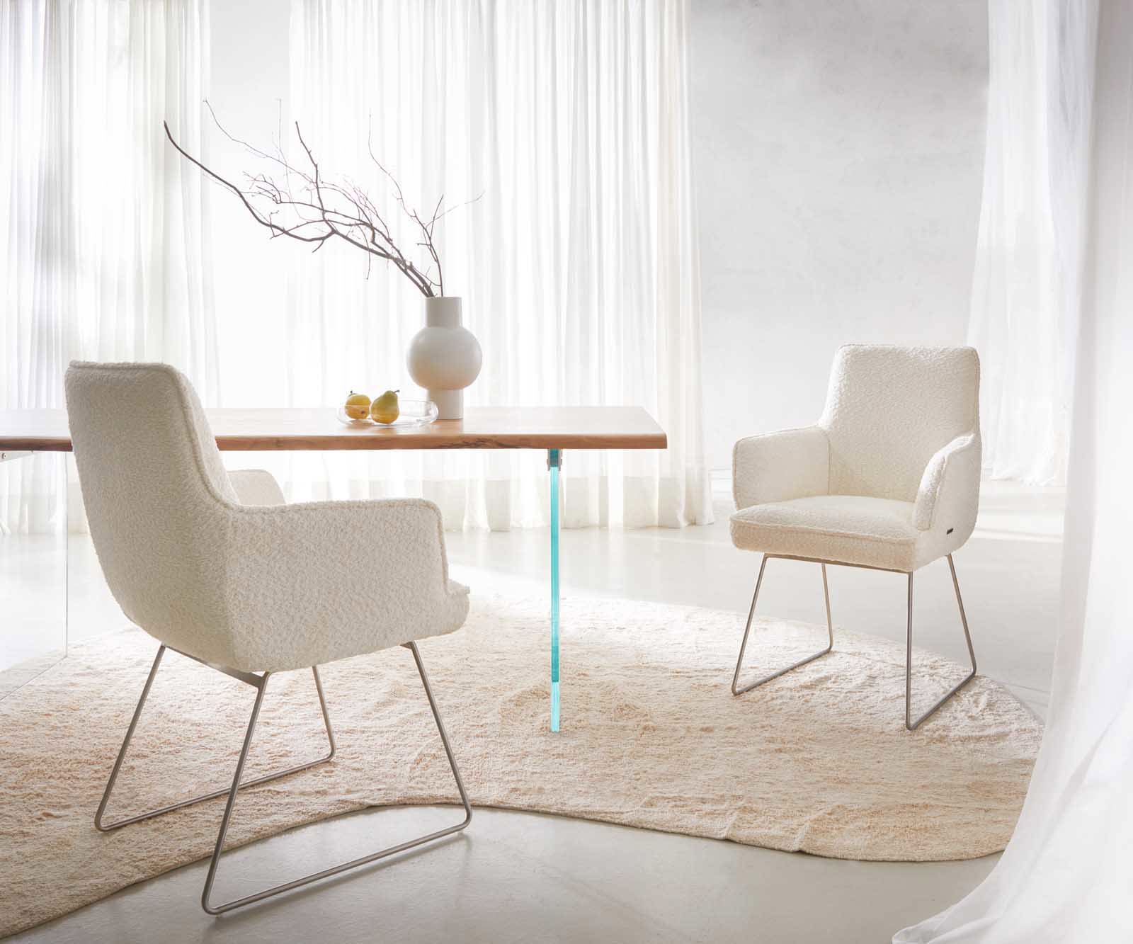 Étkezőszék Heira-Flex karfás bouclé fehér vékony lábazat rozsdamentes acél zsákrugós - Image 6