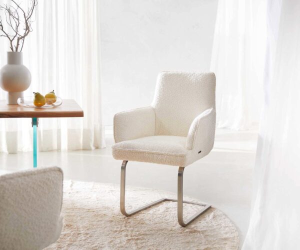 Étkezőszék Heira-Flex karfás bouclé fehér étkezőszék lapos rozsdamentes acél zsákrugós