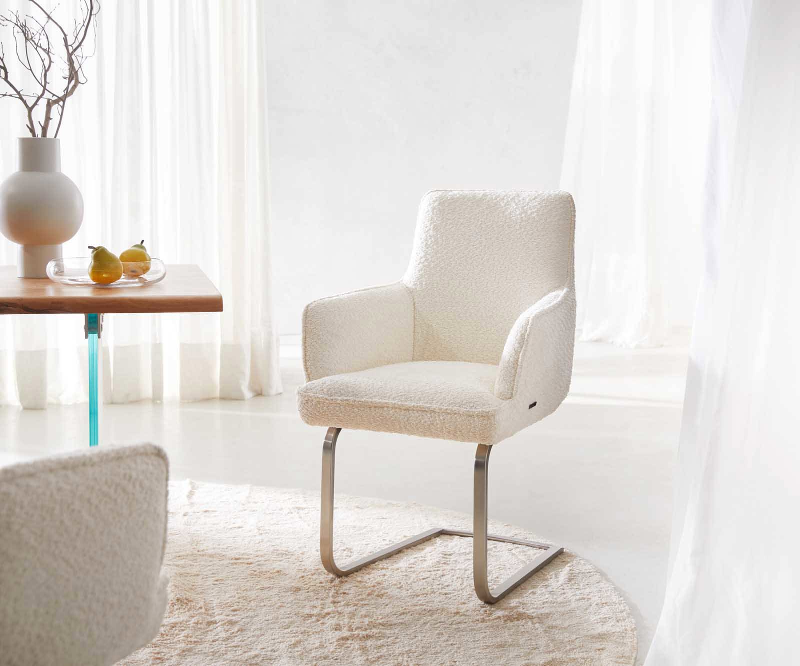 Étkezőszék Heira-Flex karfás bouclé fehér étkezőszék lapos rozsdamentes acél zsákrugós