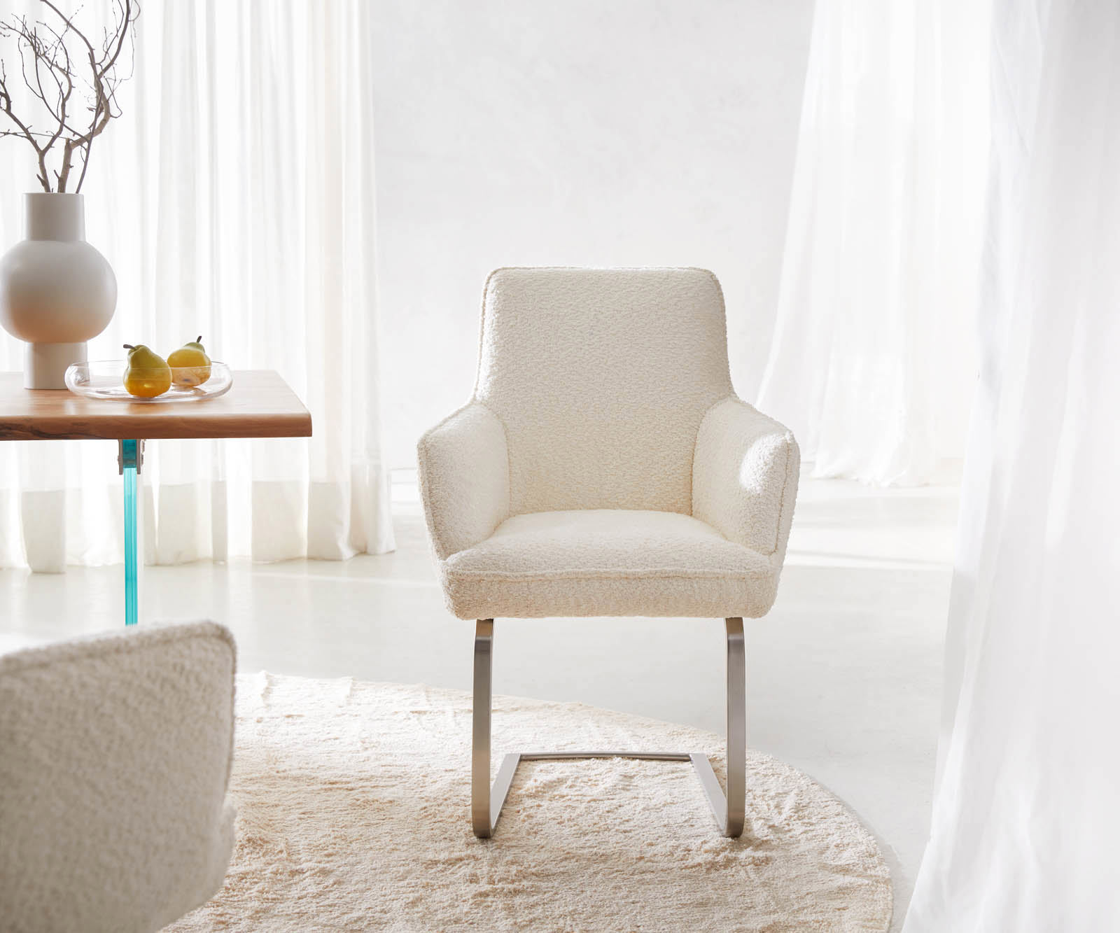 Étkezőszék Heira-Flex karfás bouclé fehér étkezőszék lapos rozsdamentes acél zsákrugós - Image 2