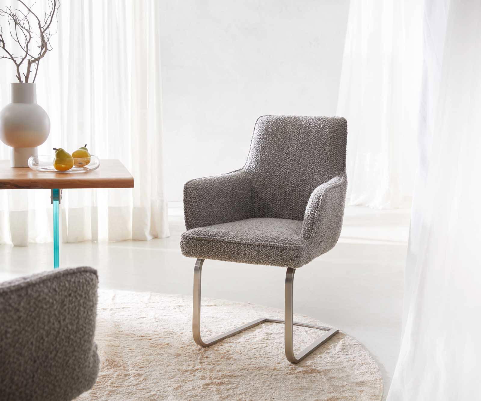 Étkezőszék Heira-Flex karfás bouclé ezüstszürke étkezőszék lapos rozsdamentes acél zsákrugós