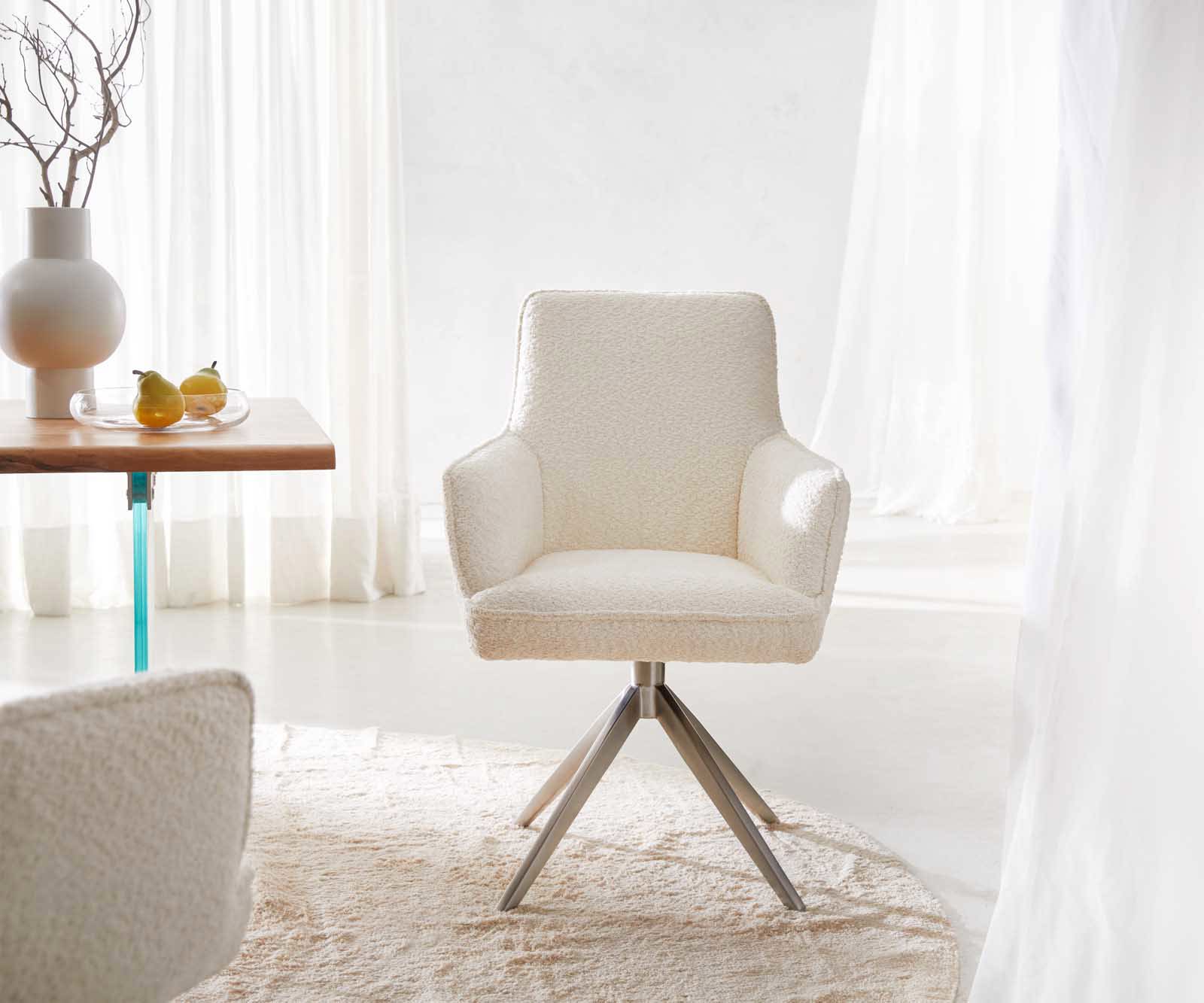 Étkezőszék Heira-Flex karfás bouclé fehér kereszt láb széles rozsdamentes acél 360° forgatható zsákrugós - Image 2