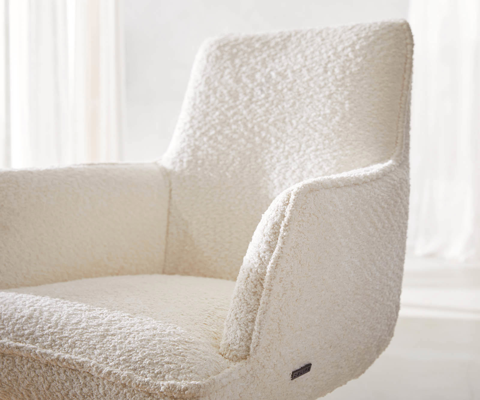 Étkezőszék Heira-Flex karfás bouclé fehér kereszt láb széles rozsdamentes acél 360° forgatható zsákrugós - Image 4