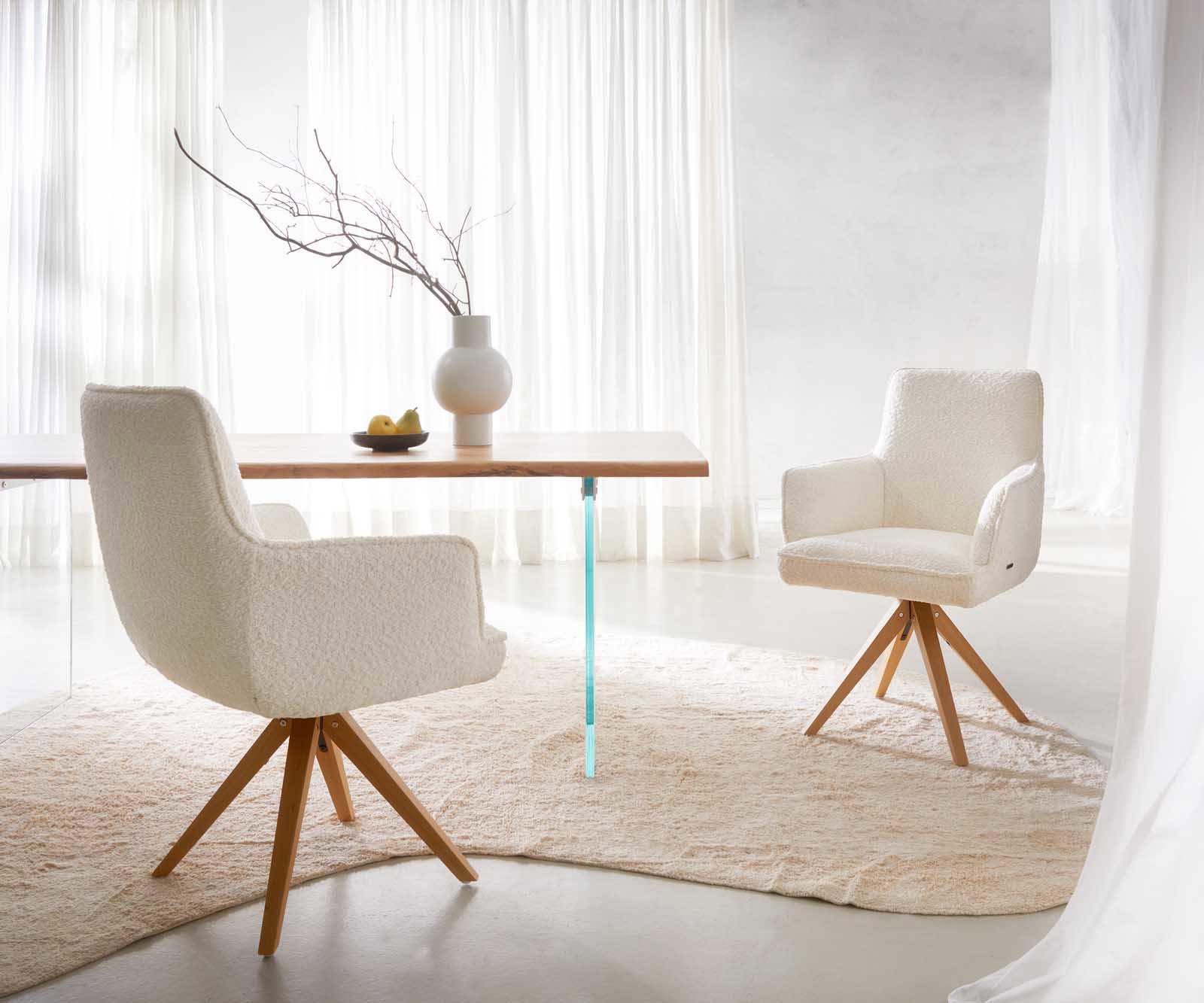 Étkezőszék Heira-Flex karfás bouclé fehér fa láb szögletes természetes 180° forgatható zsákrugós - Image 6