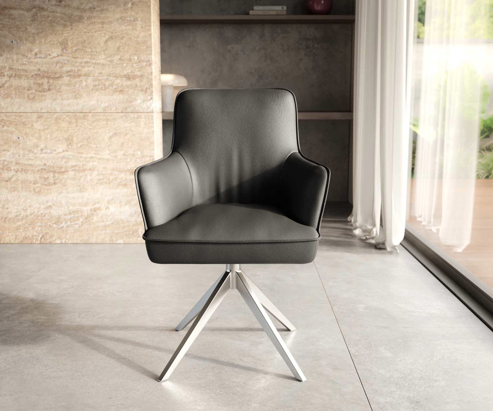 Étkezőszék Heira-Flex valódi bőr fekete karfás széles rozsdamentes acél kereszt láb 360° forgatható zsákrugós - Image 2