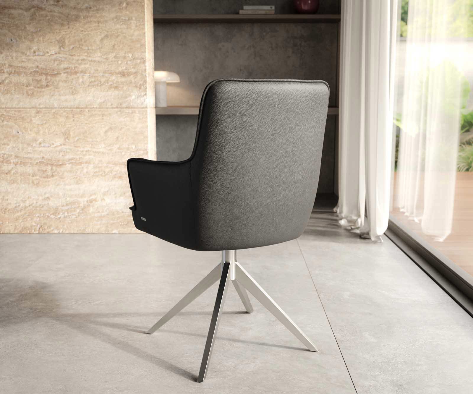 Étkezőszék Heira-Flex valódi bőr fekete karfás széles rozsdamentes acél kereszt láb 360° forgatható zsákrugós - Image 4