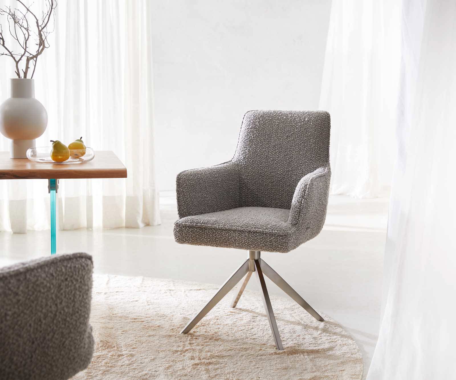 Étkezőszék Heira-Flex karfás bouclé ezüstszürke kereszt láb széles rozsdamentes acél 360° forgatható zsákrugós