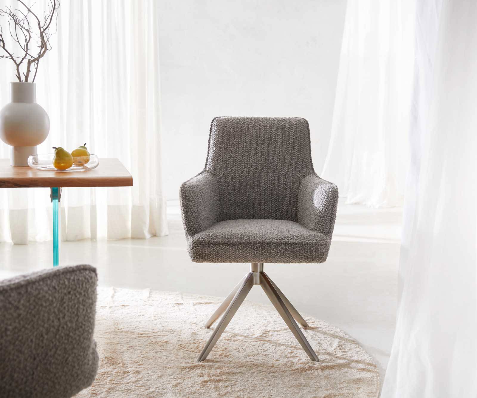 Étkezőszék Heira-Flex karfás bouclé ezüstszürke kereszt láb széles rozsdamentes acél 360° forgatható zsákrugós - Image 2