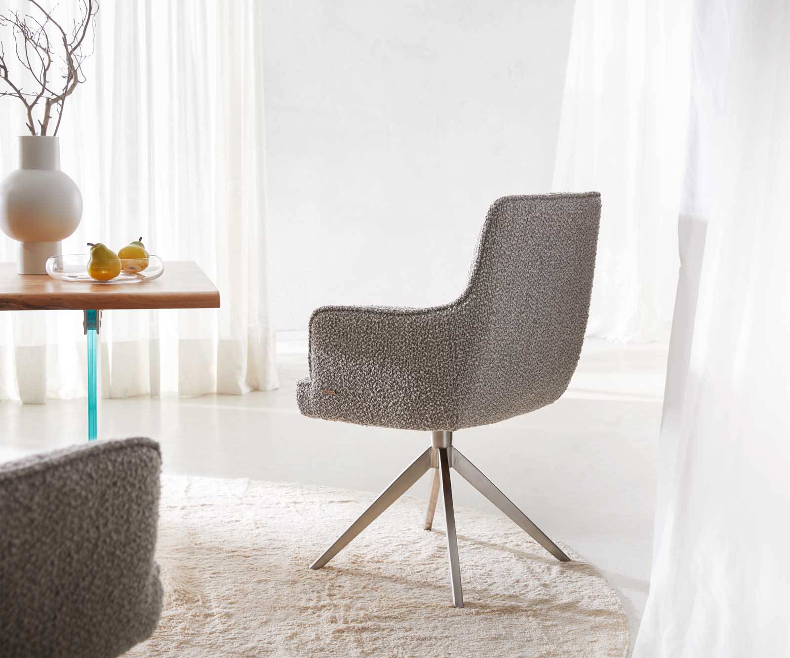 Étkezőszék Heira-Flex karfás bouclé ezüstszürke kereszt láb széles rozsdamentes acél 360° forgatható zsákrugós - Image 5