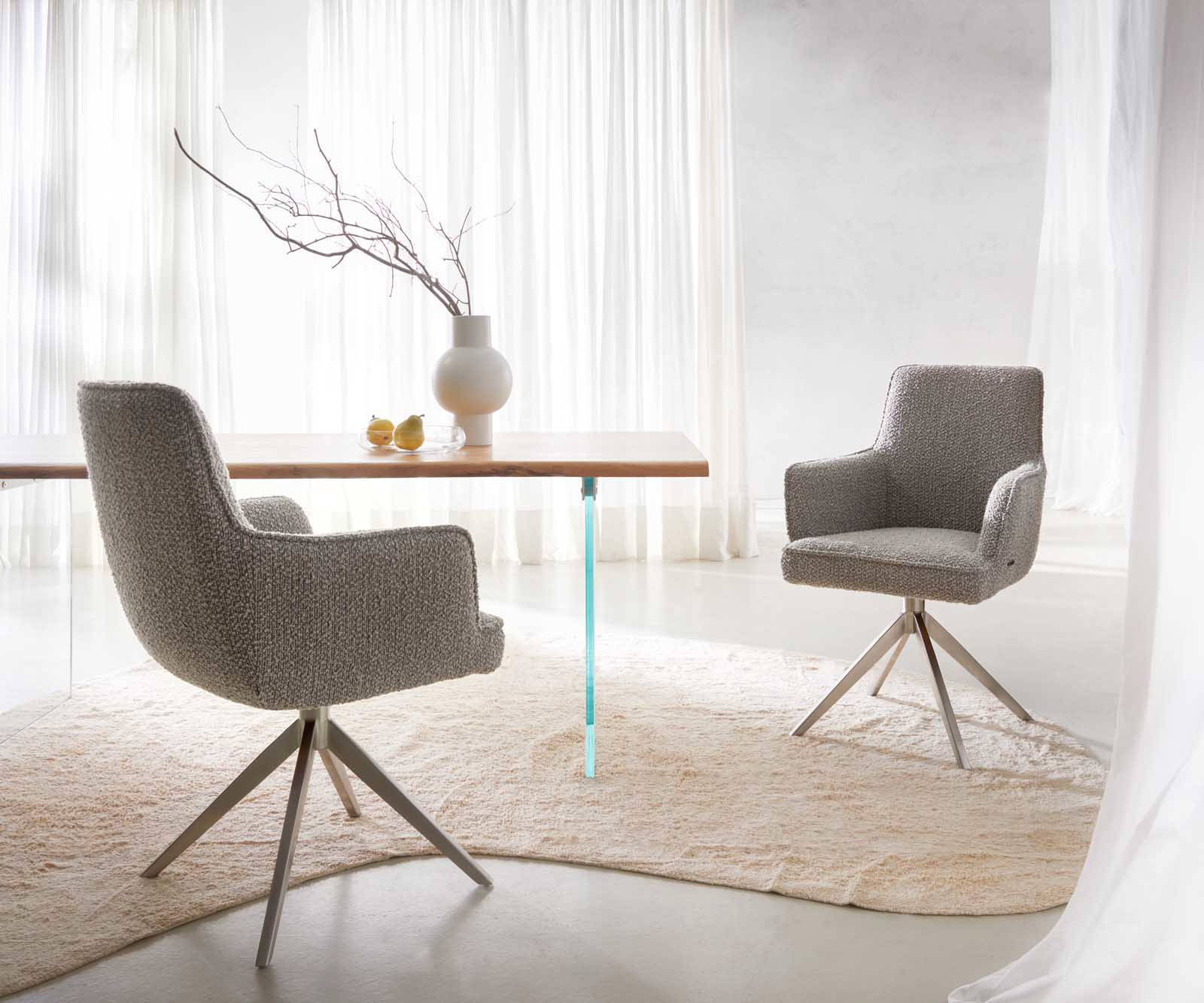 Étkezőszék Heira-Flex karfás bouclé ezüstszürke kereszt láb széles rozsdamentes acél 360° forgatható zsákrugós - Image 6