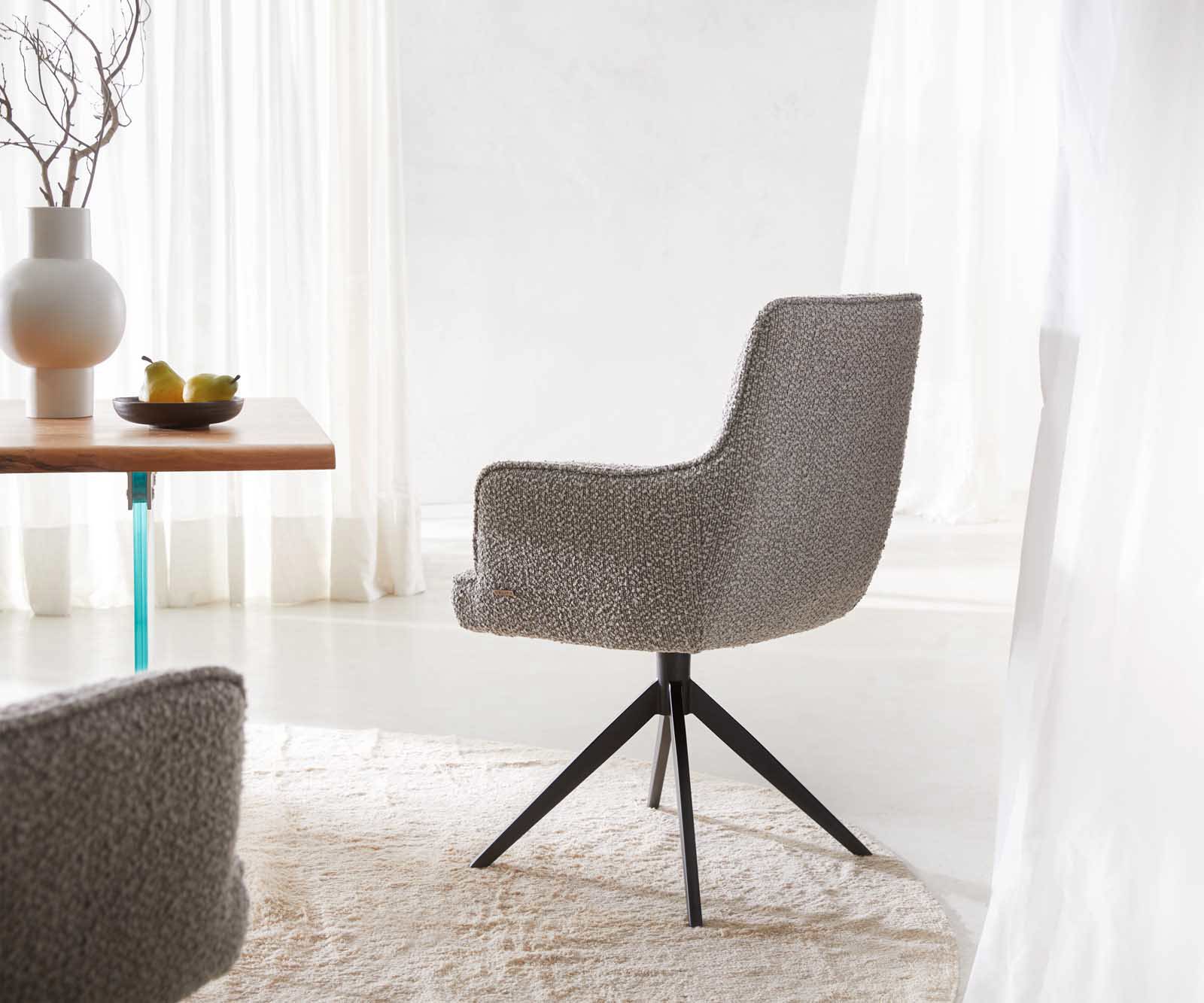 Étkezőszék Heira-Flex karfás bouclé ezüstszürke kereszt láb széles fekete 360° forgatható zsákrugós - Image 5