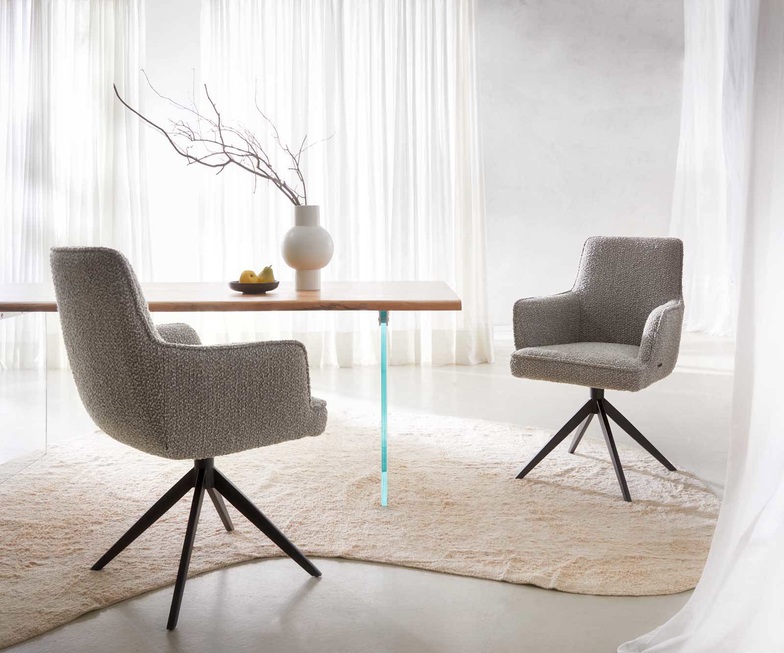 Étkezőszék Heira-Flex karfás bouclé ezüstszürke kereszt láb széles fekete 360° forgatható zsákrugós - Image 6