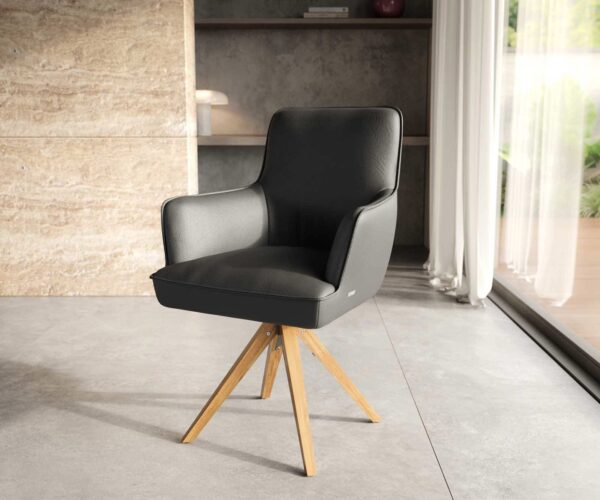 Étkezőszék Heira-Flex karfás valódi bőr fekete fa láb szögletes természetes 180° forgatható zsákrugós