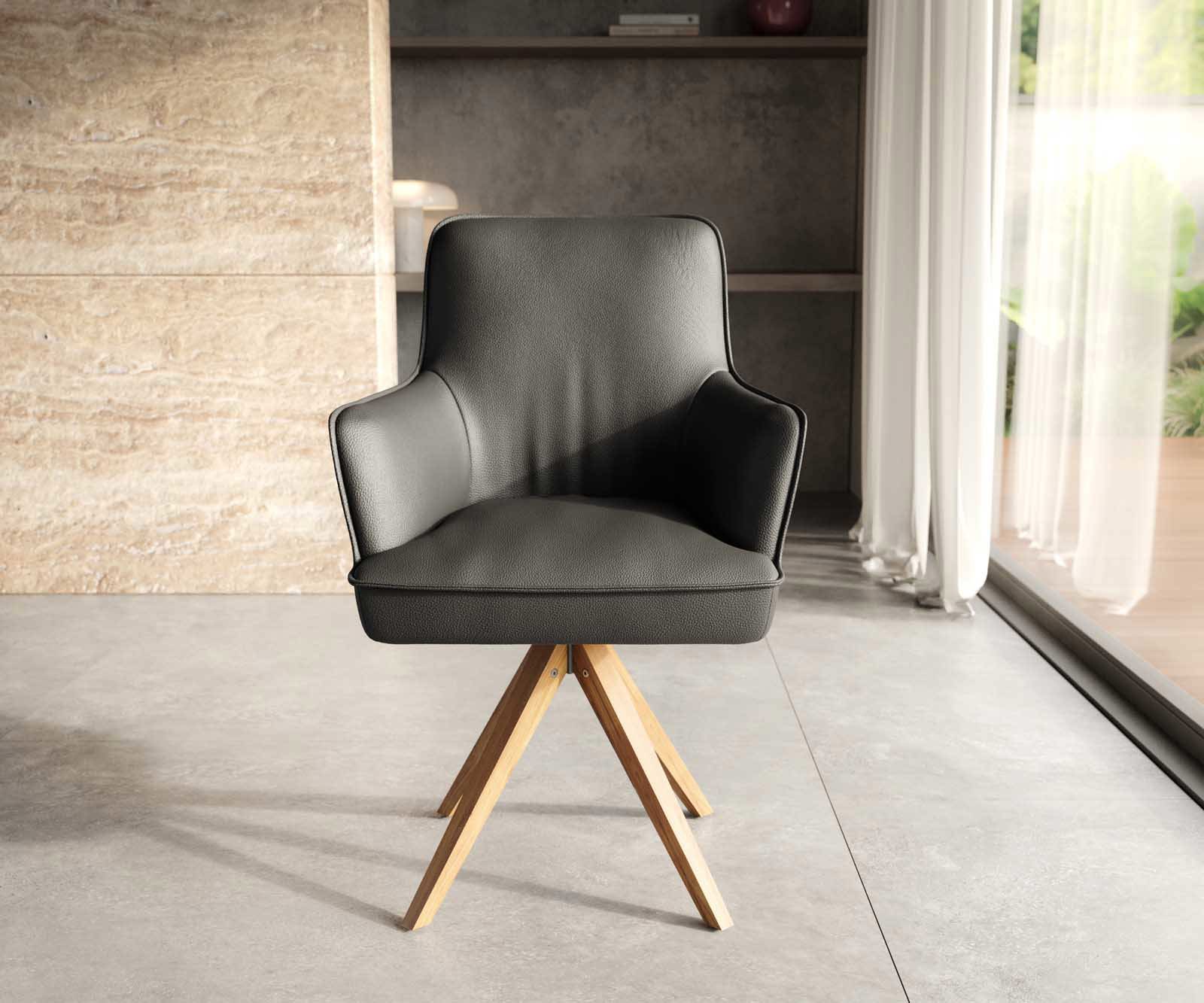 Étkezőszék Heira-Flex karfás valódi bőr fekete fa láb szögletes természetes 180° forgatható zsákrugós - Image 2